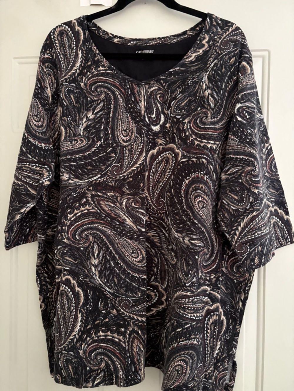 Catherines Black Paisley V-Neck Tunic with Cream and Brown Accents
